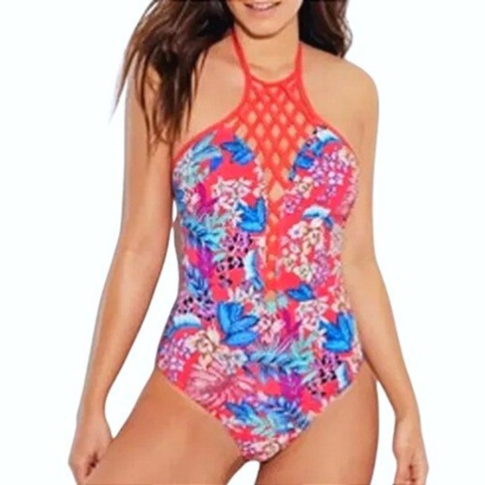 Kenneth Cole New York Red Floral Tropical Lattice Halter One Piece Swimsuit M